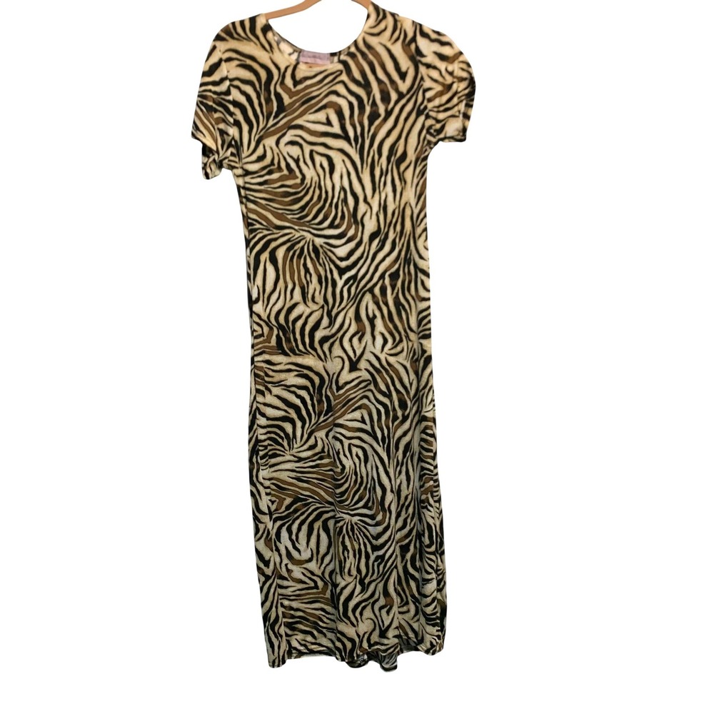 Vtg Y2K Peanuts Fashion Zebra Print Womens Jungle Maxi Dress S/M Short Sleeve